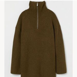 Oversized half zip rib knit sweater khaki green wool blend